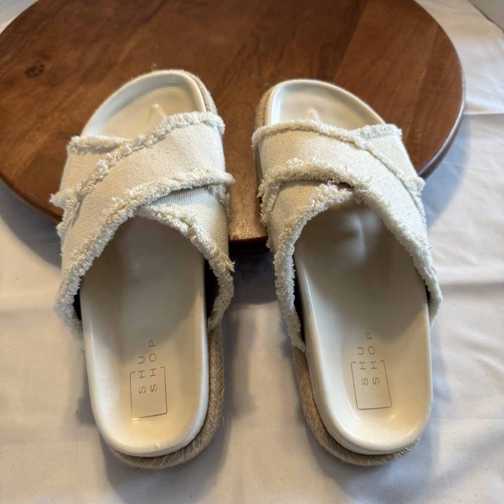 ShuShop Cream Frayed Crossband Sandals - Picture 9 of 16